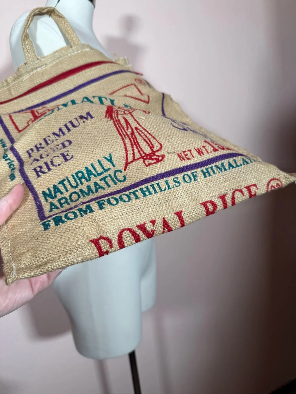 Vintage royal rice bag jute burlap zip top up cycled reusable bag